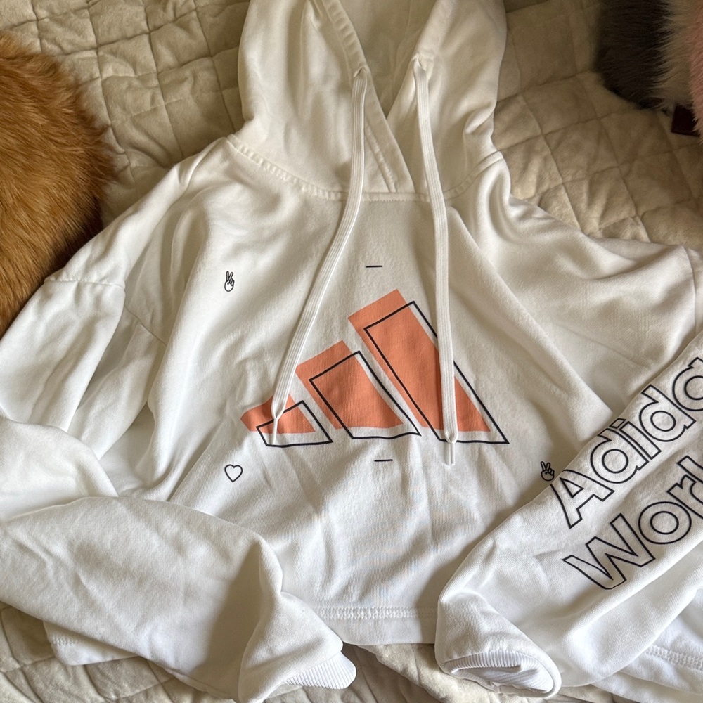 Adidas White Hoodie with Peach Graphic